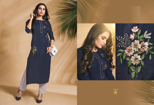 Navy Blue Cotton slub kurti with Embroidery work Side cut Straight kurti