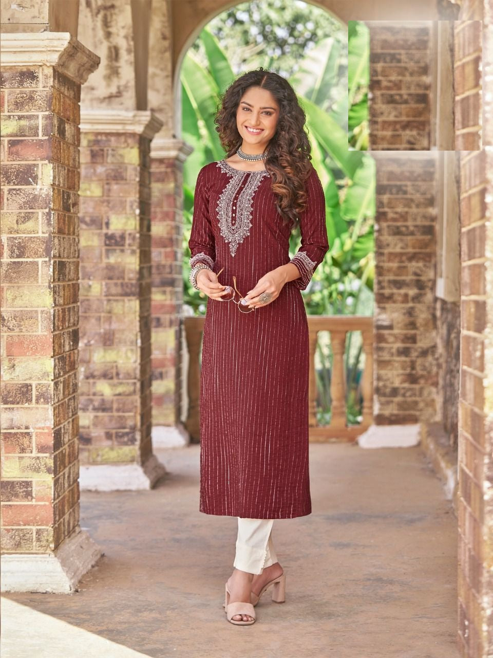 Maroon Embroidery Work Straight Fit Rayon Kurti