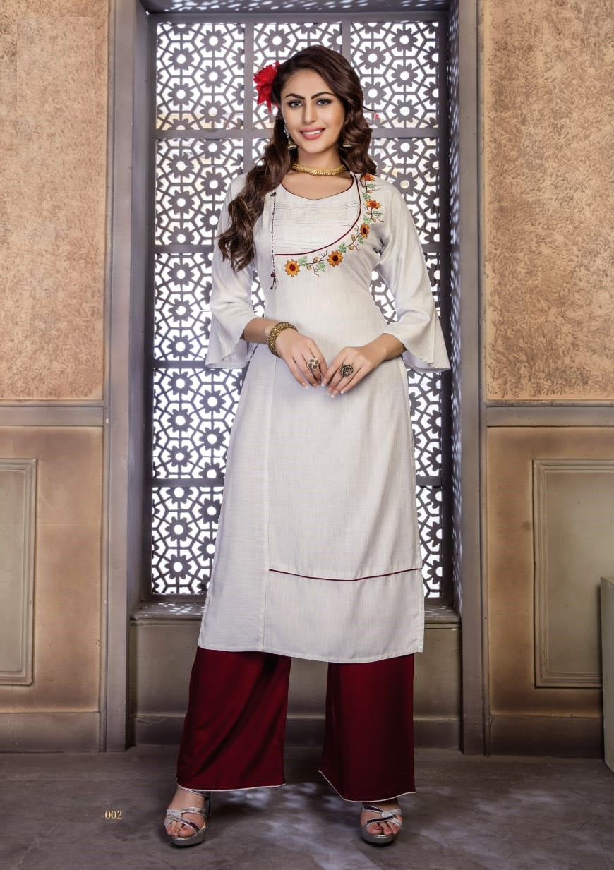 Light Grey rayon embroidery kurti with maroon Palazzo