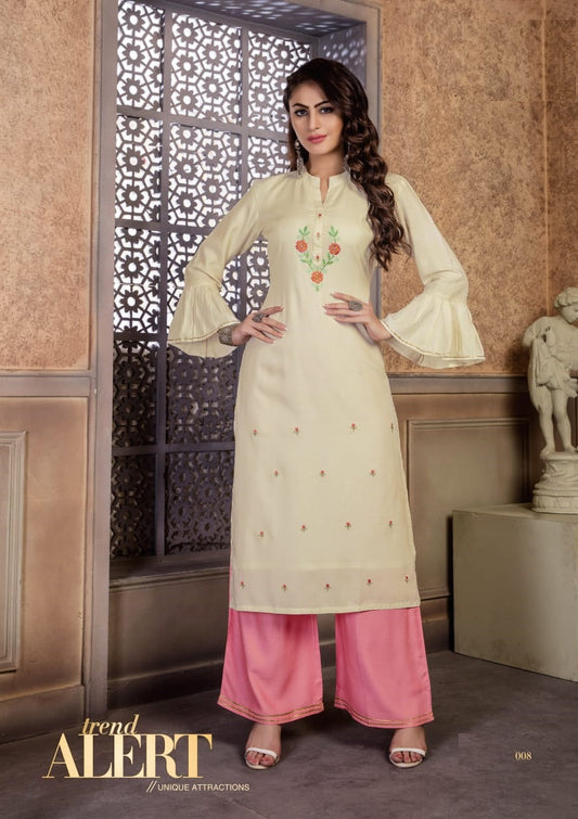 Cream Rayon kurti chinese collar with Beautiful embroidery work Rayon light pink Palazzo