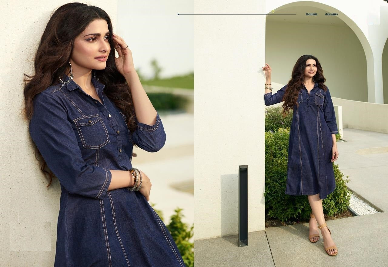 Blue Denim Cotton A- line kurti Collar with front buttons