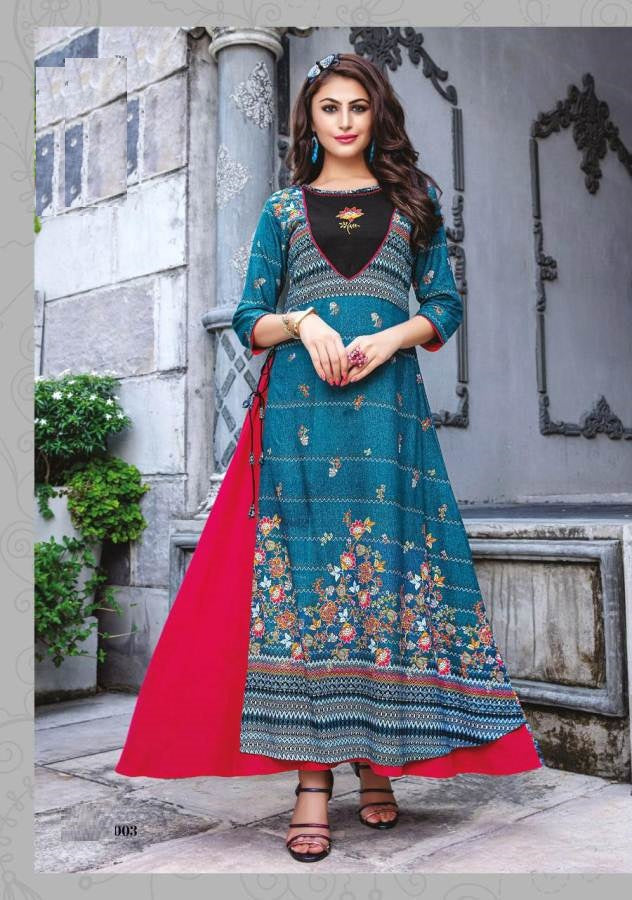 Blue and Pink Rayon Embroidery and HandWork Designer Anarkali kurti