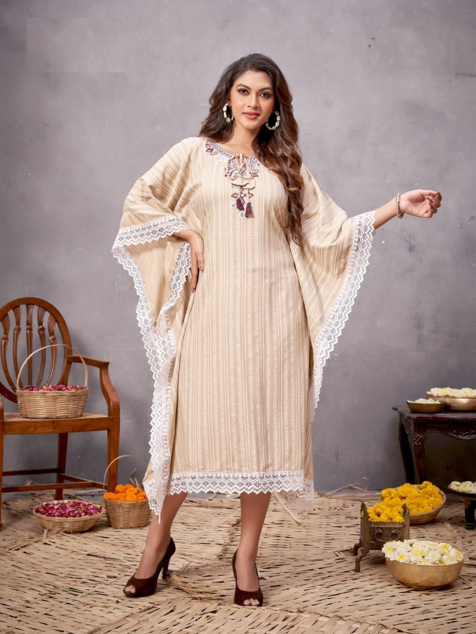 Cream Kaftan With Embroidery Hand work