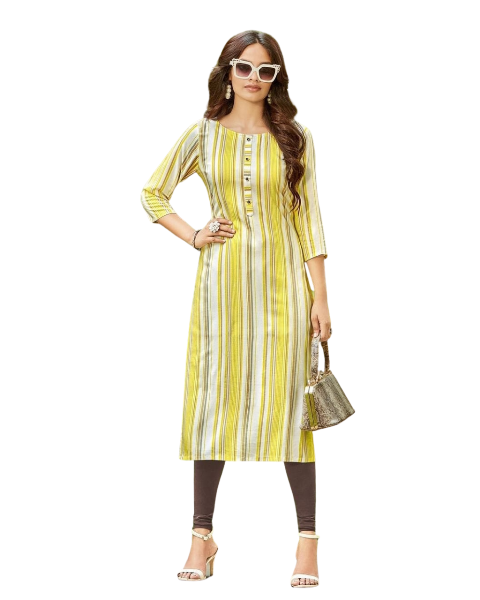 White and yellow Rayon lining Printed regular wear kurti with front button