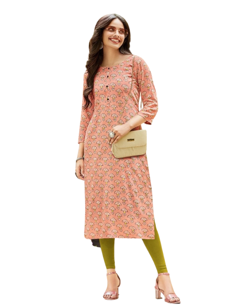 Peach Rayon Printed regular wear kurti with front button