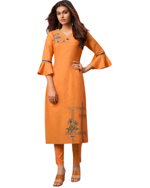 Cotton Weaved Orange Kurti with Frilled Sleeves