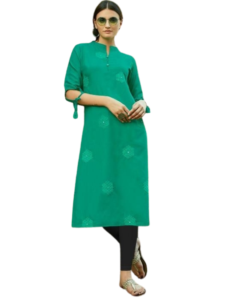 Cotton Slub Regular Wear Green Kurti