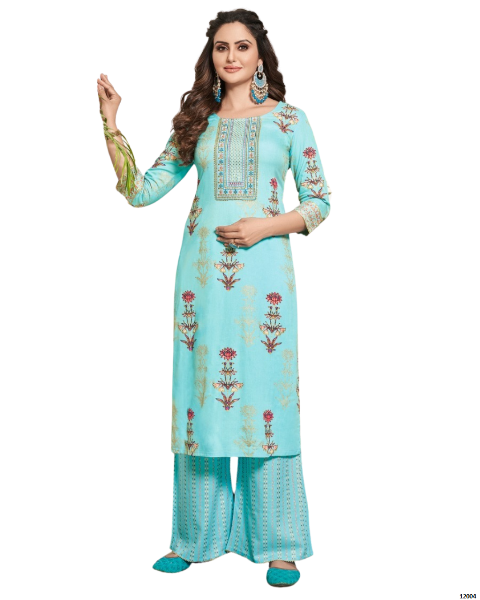 Ocean Blue Classy Printed Stylish Rayon Fancy Embroidery Work Kurti With Palazzo Sets For women