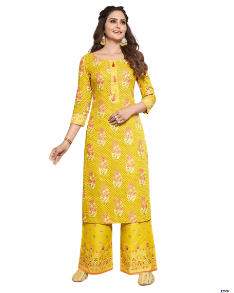 Yellow Classy Printed Stylish Rayon Fancy Embroidery Work Kurti With Palazzo Sets For women