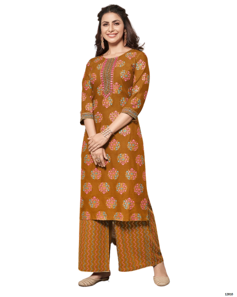 Brown Classy Printed Stylish Rayon Fancy Embroidery Work Kurti With Palazzo Sets For women