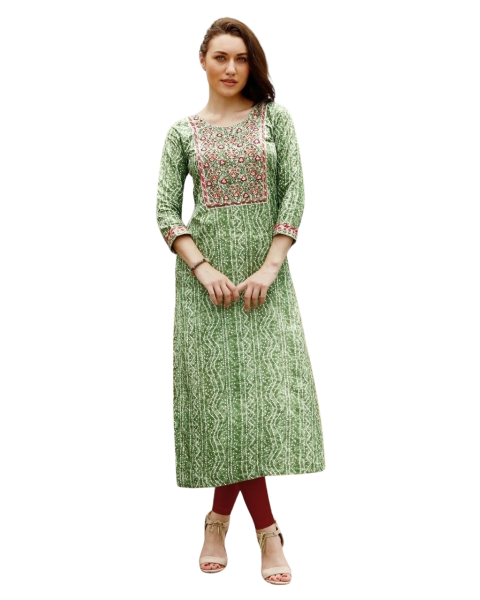 Green Bandhej print Embroidery work Casual wear Fancy kurti