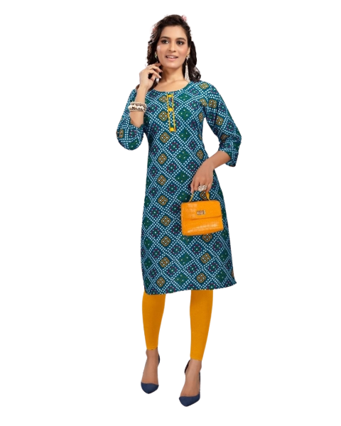 Peacock Green Bandhani Beautiful Printed Traditonal wear Women Cotton Kurtis