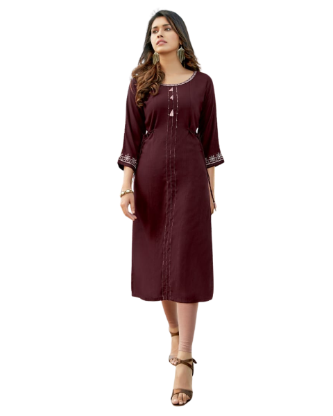 Brown Rayon Embroidery and Handwork Kurti