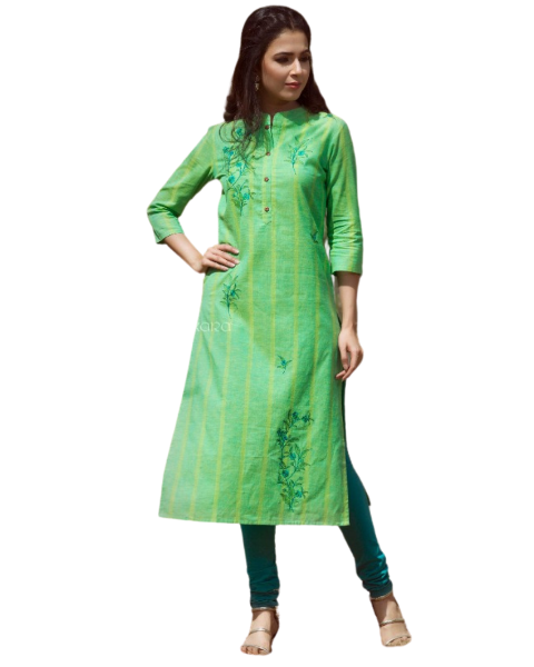 Green Handloom Cotton Embroidery Work Kurti