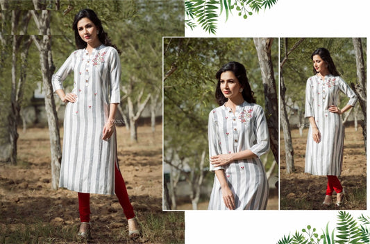 Grey and White Strips Handloom Cotton Embroidery Work Kurti