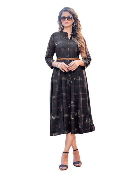 Black Rayon Stylish Printed Western Style women A  line Kurti With Belt