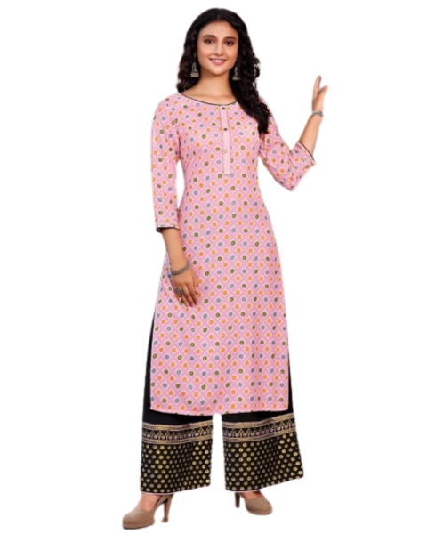 Pink Rayon Print Kurti with Black Palazzo