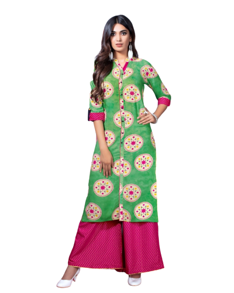 Green Printed Ryon Kurti with Pink Palazzo