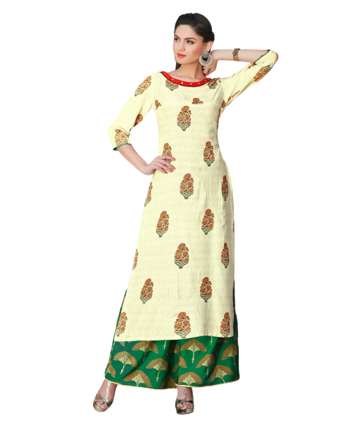 Cream &amp; Green Rayon Kurti with Palazzo