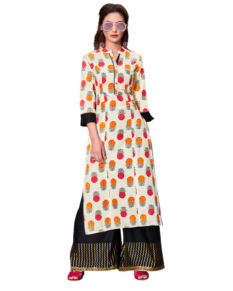 Off white &amp; Black Rayon Kurti with Palazzo