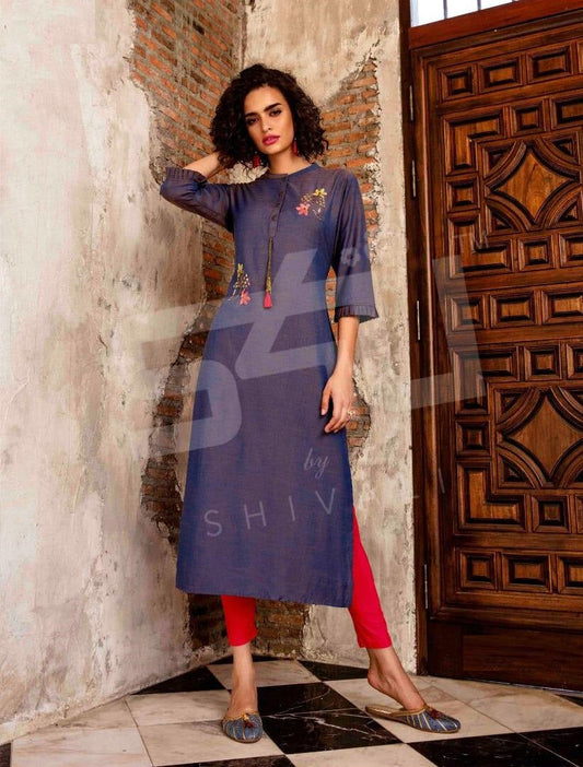 Navy Blue Fancy Handwork Straight Kurti