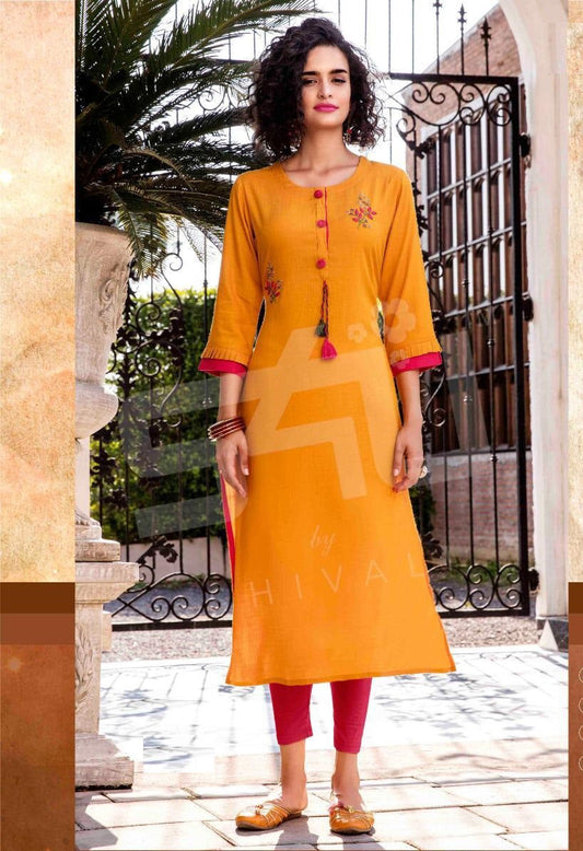 Spanish Yellow Fancy Handwork Straight Kurti