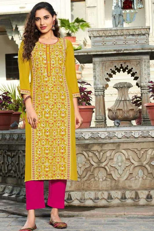 Mustard straight fit Printed Embroidery work Kurti