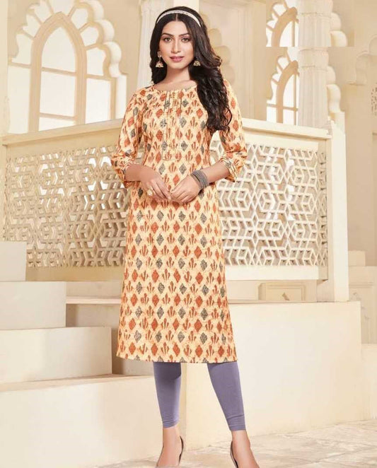 Orange Capsule Foil Straight Kurti Printed With Gota Patti Piping Lace Casual Wear Women Kurti