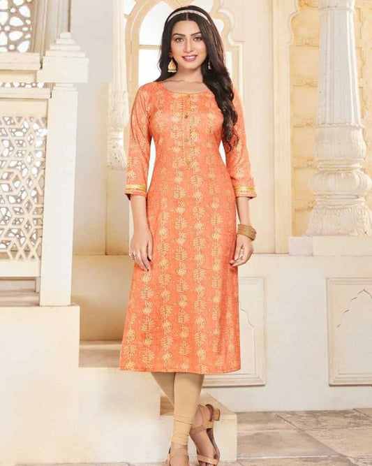 Peach Capsule Foil Straight Kurti Printed With Gota Patti Piping Lace Casual Wear Women Kurti