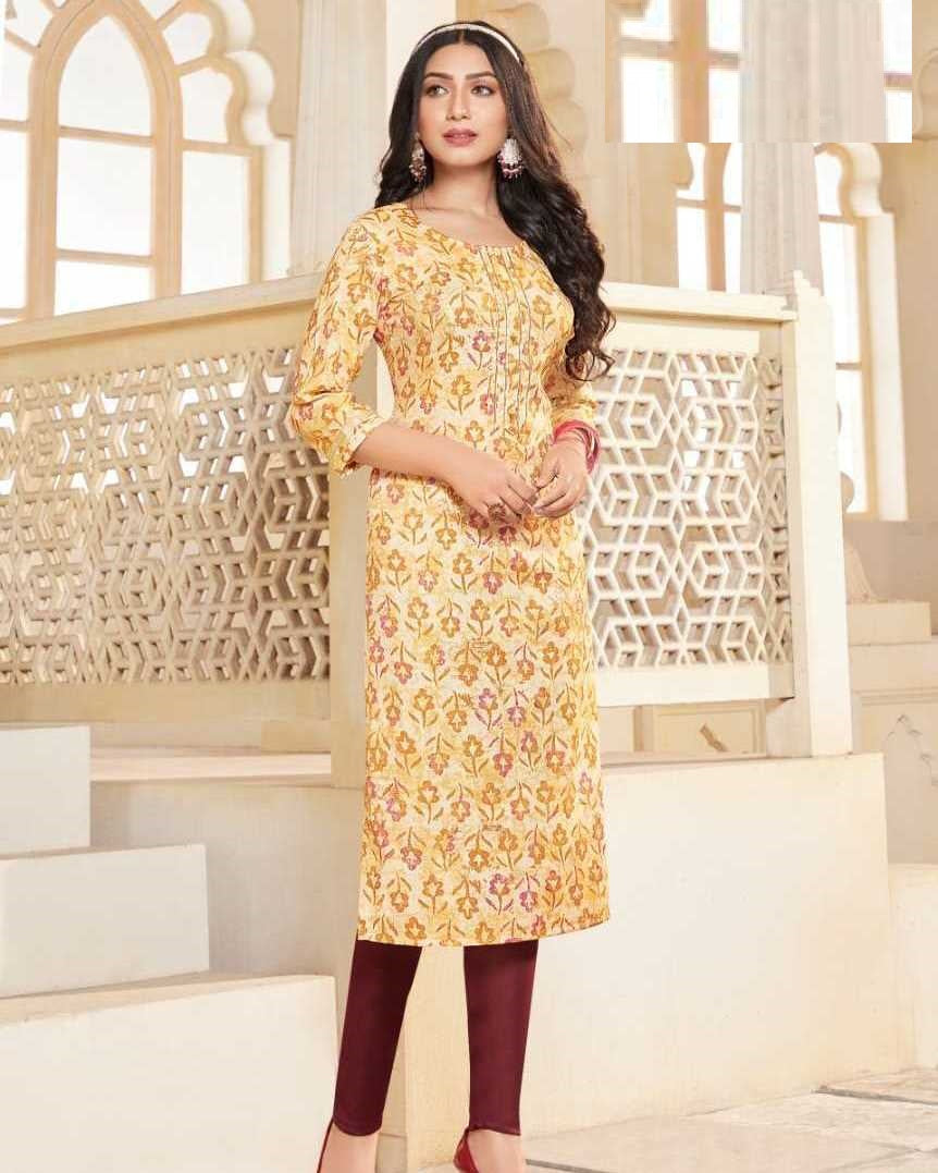 Cream Capsule Foil Straight Kurti Printed With Gota Patti Piping Lace Casual Wear Women Kurti