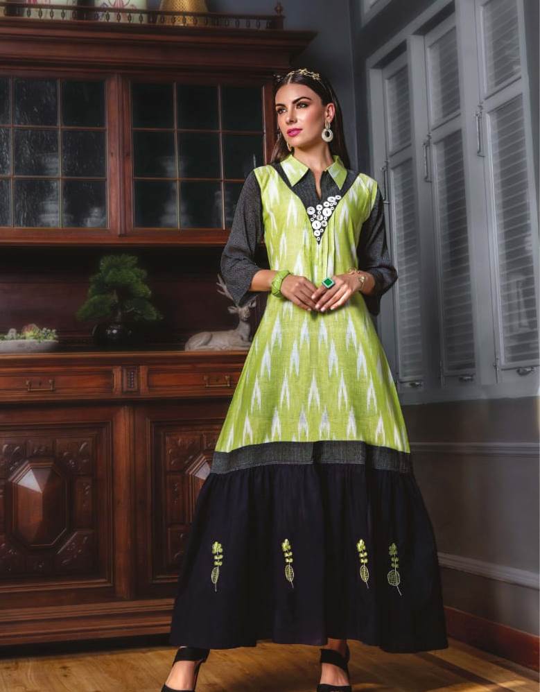 Pista Green, Grey and Navy Blue Ikkat Cotton Box Print Embroidery A-line Kurti