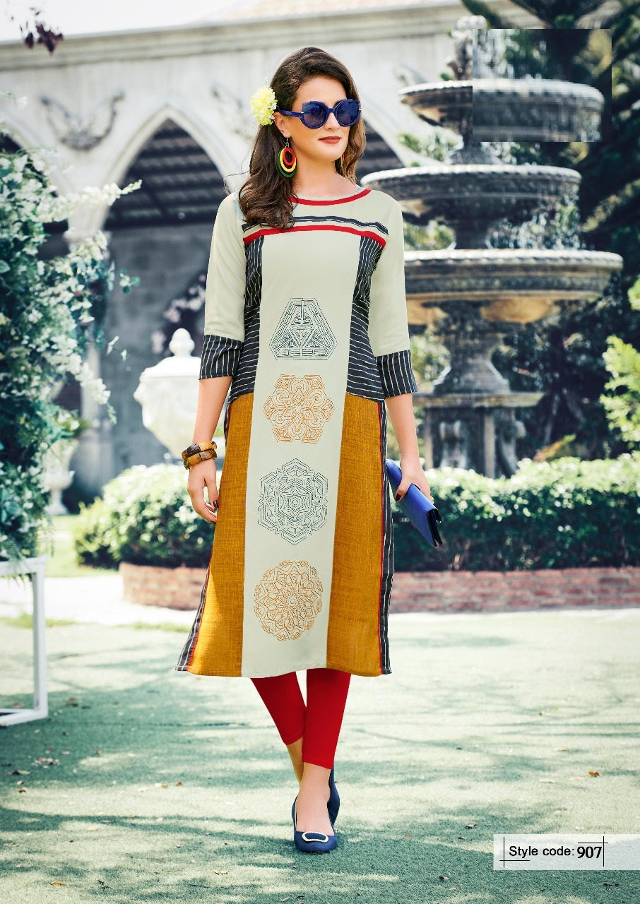 Cream and Multicolor Heavy Rayon Embroidery Work Kurti