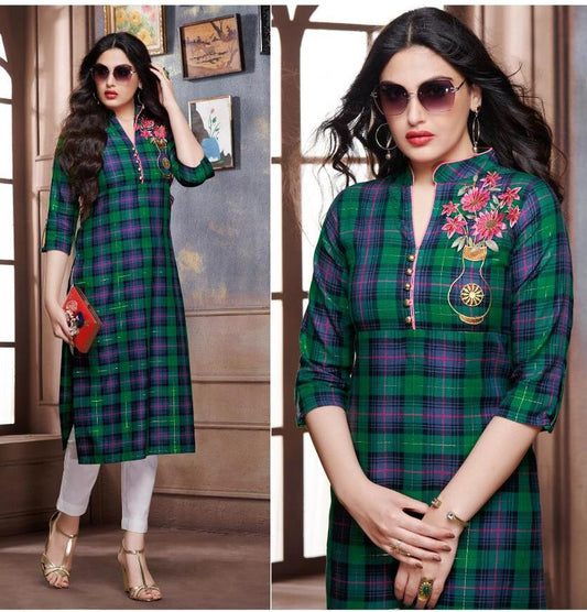 Blue and Green Embroidery Work Cotton Straigh Fit Kurti