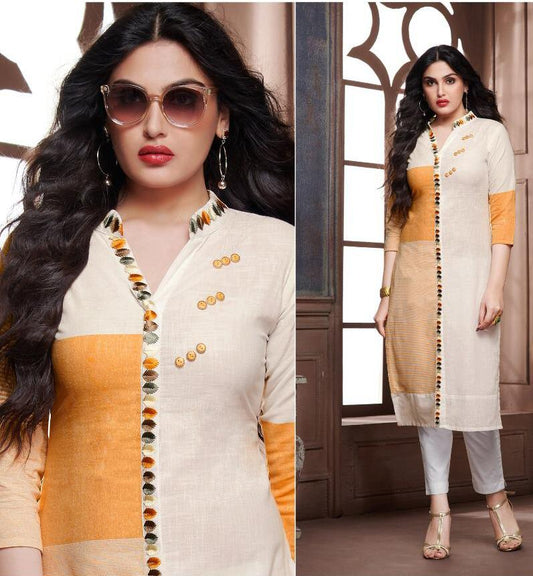 Off White and Orange Embroidery Work Cotton Straigh Fit Kurti