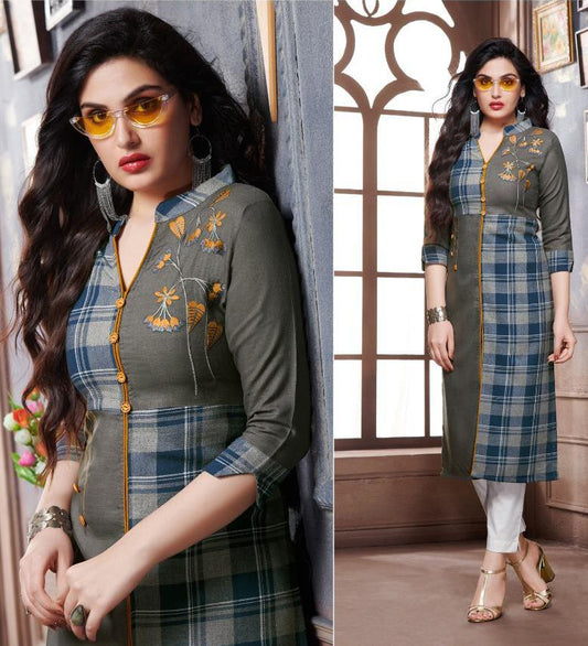 Grey and Multicolor Embroidery Work Cotton Straigh Fit Kurti - 1262