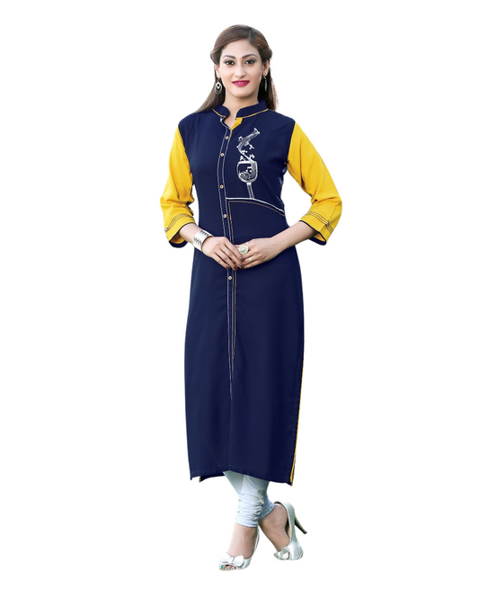 navy blue and yellow rayon embroidery work kurti