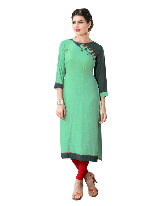 green rayon slub embroidery work straight fit kurti