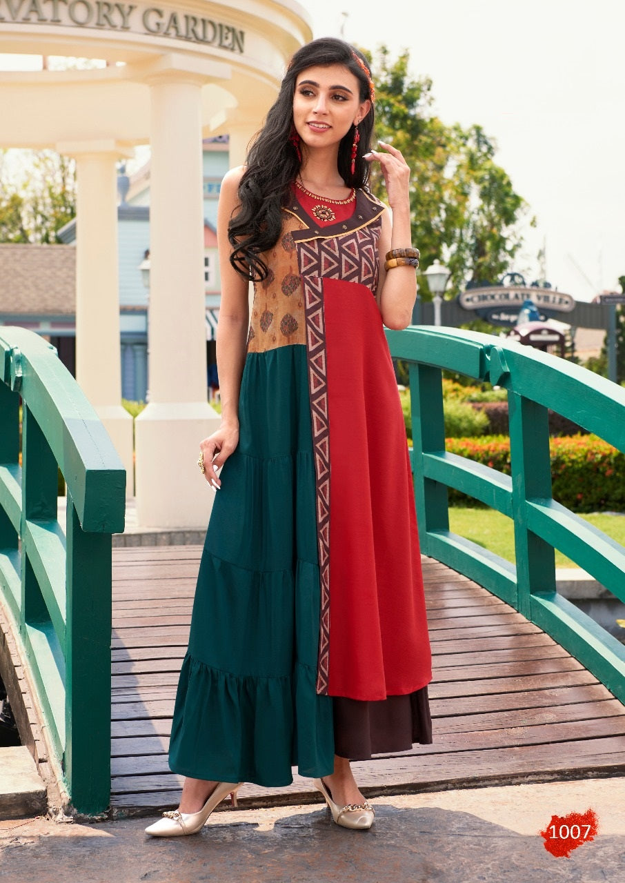 Green and Red Handwork Fancy Printed Long Gown Kurti