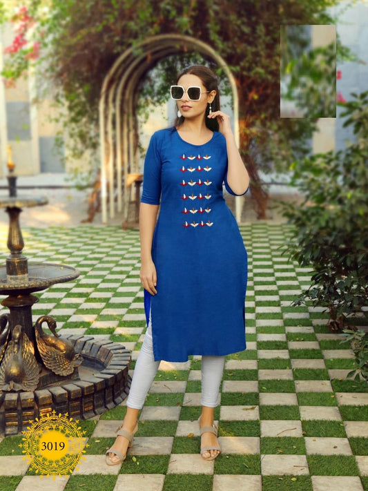 Royal Blue Heavy Cotton Embroidery Kurti