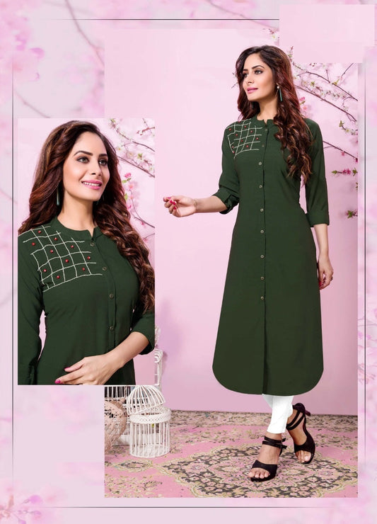 Green Cotton Slub Kurti with Handwork Chinese collar front Button Straight fit front cut Kurti