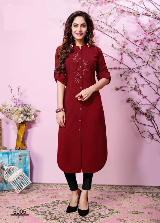 Maroon Cotton Slub Kurti with Handwork Chinese collar front Button Straight fit front cut Kurti