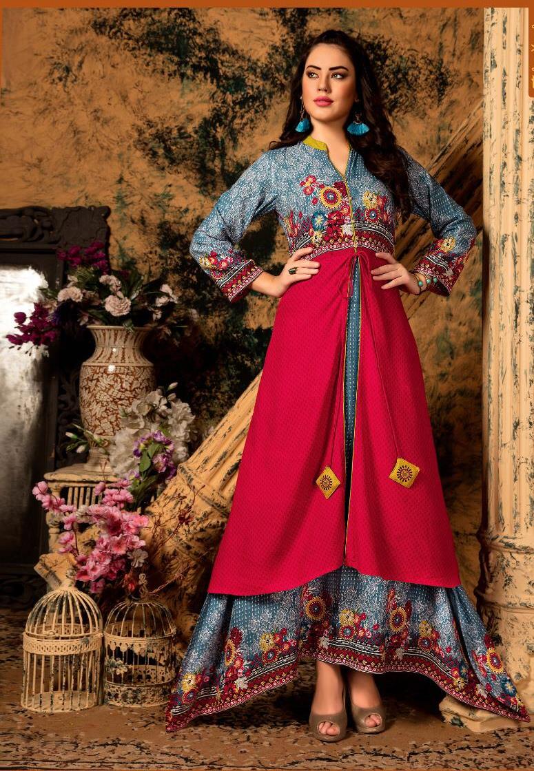 Pink and Multicolor Rayon Ethnic wear Printed Floor Length A- line kurti with floral patter Fabric dori