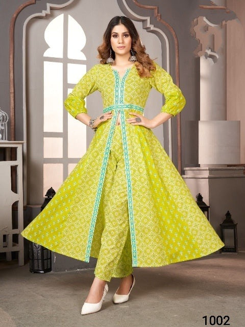 Parrot Green Anarkali Cotton Co-rd Sets