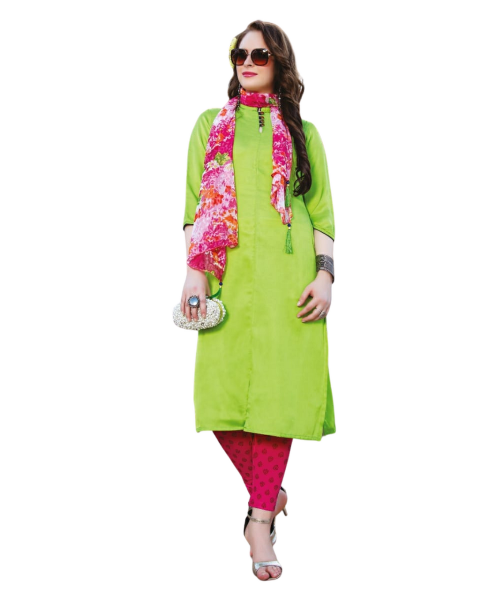 Green Muslin ( Satin) Kurti with Pink printed Scarf