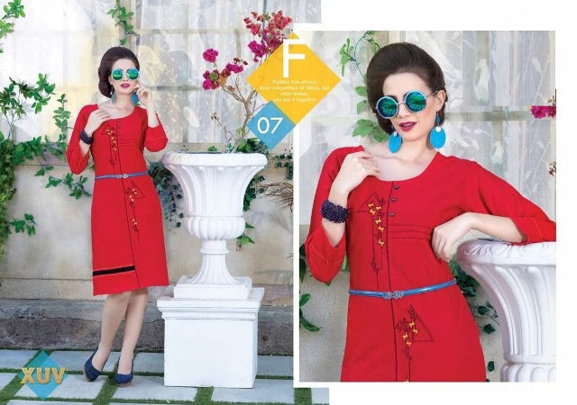 Red Cotton Short Embroidery Kurti